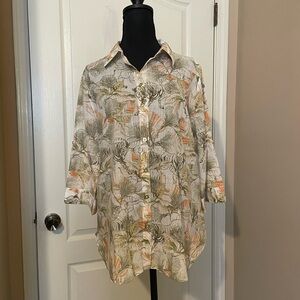 Chico’s Safari Cotton Button Up Shirt 3/4 Sleeve Top Blouse Size 1 (Medium) EUC
